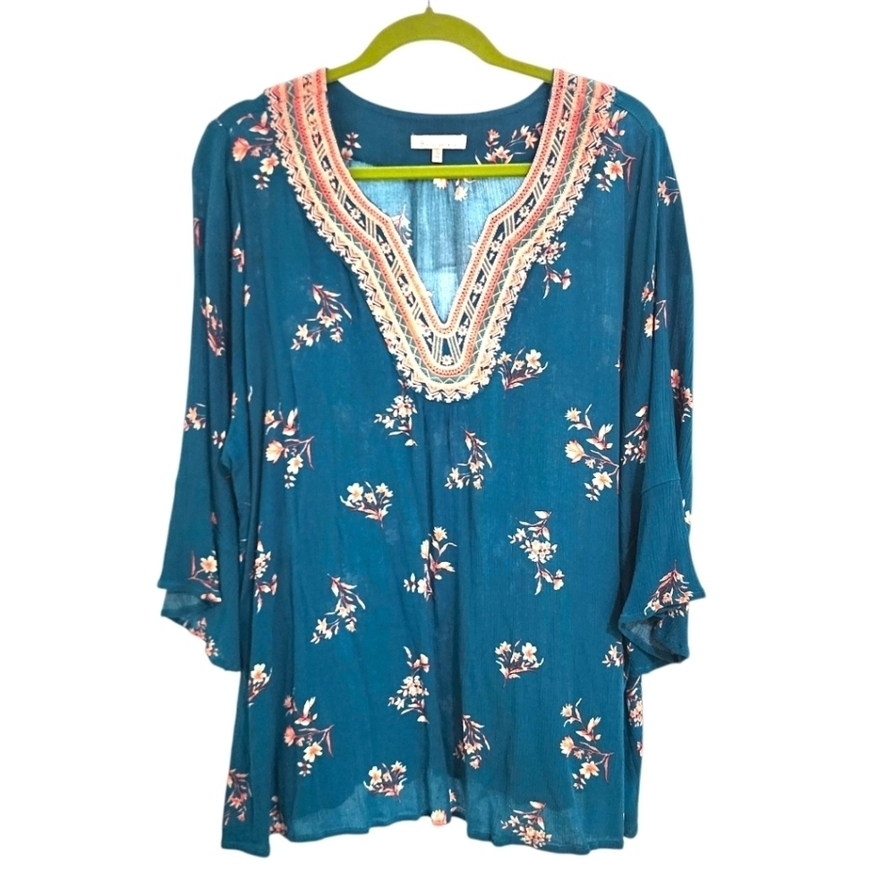 SKIES ARE BLUE Blue Floral Lorinda Embroidered Blouse, Size 3X.